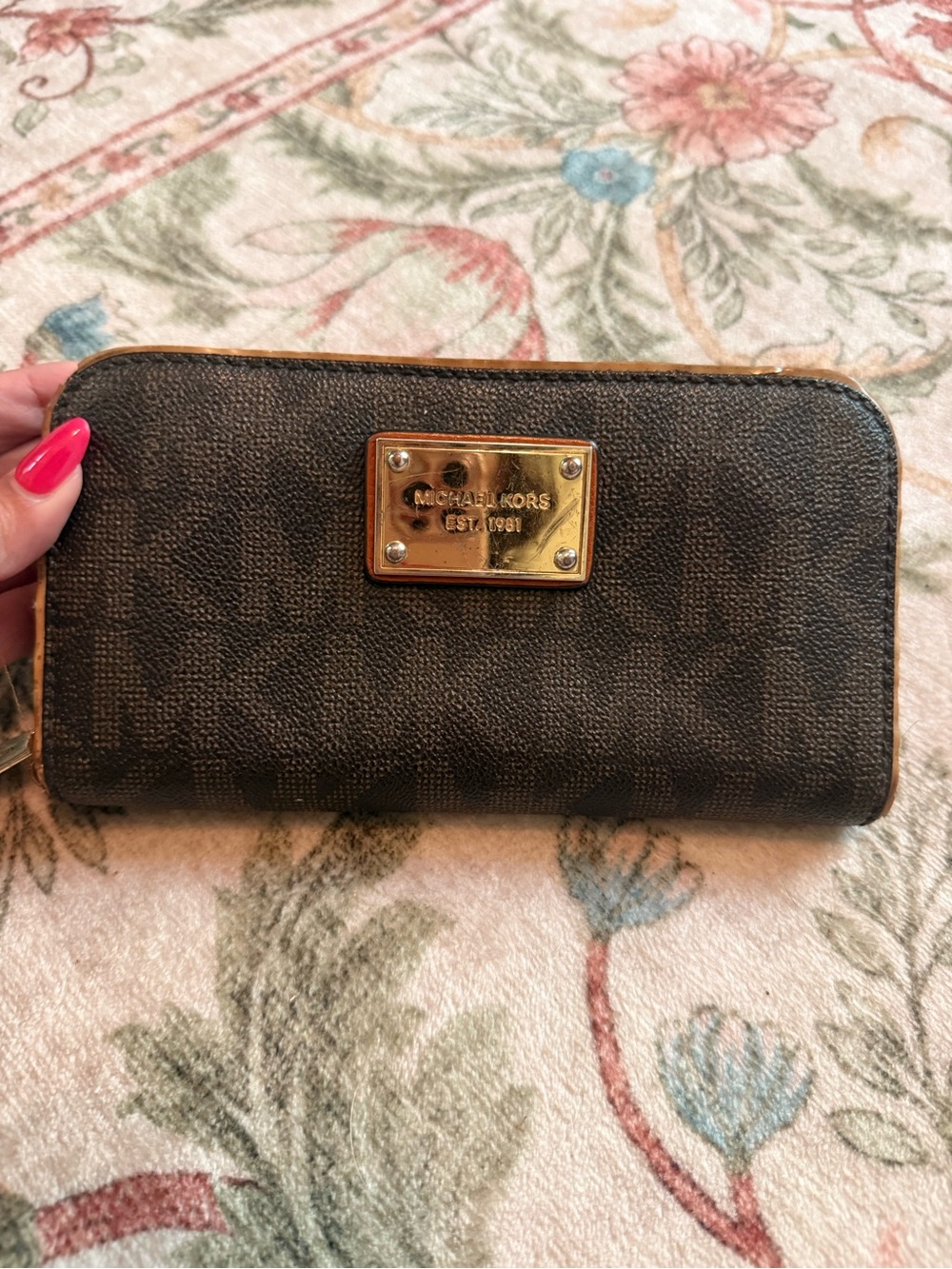 Michael Kors Brown Logo Zip Around Wallet with Gold Plate